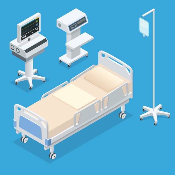 ilustraciones, imágenes clip art, dibujos animados e iconos de stock de plano 3d vector ilustración isométrica interior sala de hospital. sala de hospital con camas y cómoda médica en un hospital moderno. - equipped