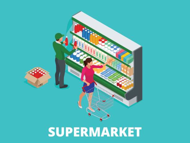 ilustraciones, imágenes clip art, dibujos animados e iconos de stock de mujer compra leche en supermercados. isométrica supermercado thermocool refrigerador estantes de colección de alimentos con ilustración vectorial plana de leche - butter dairy product yogurt milk