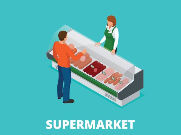 ilustrações de stock, clip art, desenhos animados e ícones de man chooses sausages in the store. sausages and fresh meat in shop showcase isometric vector illustration. meat products on supermarket shelves. - supermarket meat store manager