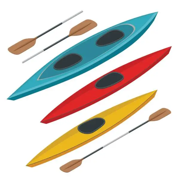 Vector illustration of Isometric crossover red, blue and yellow kayaks. Isolated kayak boat on white background. Paddlesport travel item canoe with double bladed paddle.