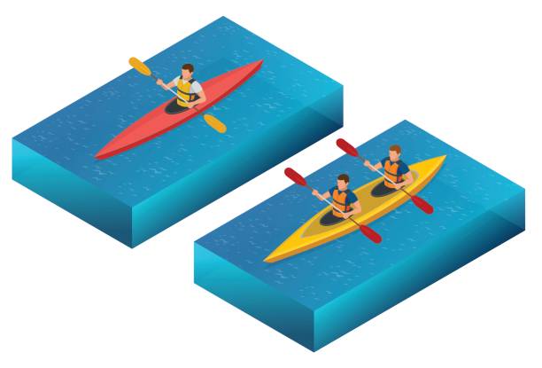 ilustrações, clipart, desenhos animados e ícones de reunião pôr do sol em caiaques. vista traseira do jovem casal caiaque no lago junto com o pôr do sol no fundo - canoe canoeing paddling oar