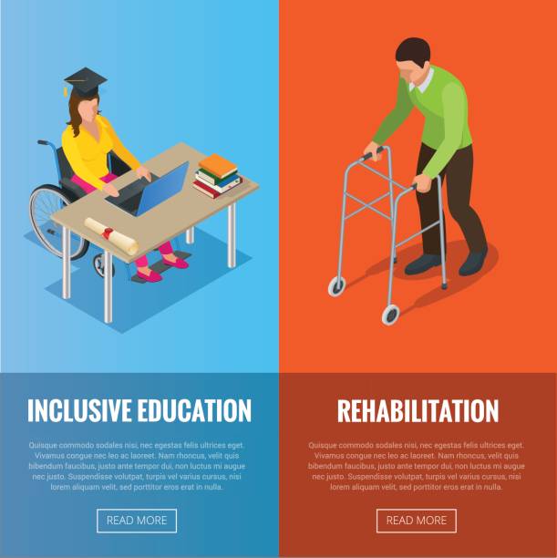 ilustrações, clipart, desenhos animados e ícones de ilustração em vetor banners com cadeira de rodas e reabilitação plana isoladas as pessoas com deficiência - symbol computer icon education icon set