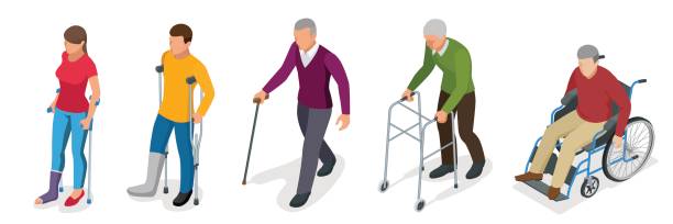 Fracture of leg or leg injury. Young and old people in a gyse with crutches, a wheelchair. Rehabilitation after trauma. Orthopedics and medicine. Flat 3d isometric illustration Fracture of leg or leg injury. Young and old people in a gyse with crutches, a wheelchair. Rehabilitation after trauma. Orthopedics and medicine. Flat 3d isometric illustration. crutch stock illustrations