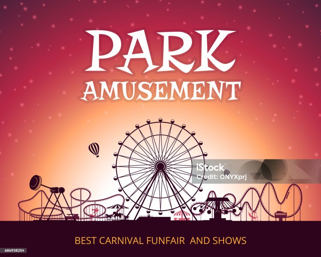 Color vector background of amusement park. Poster design with place for your text Color vector background of amusement park. Poster design with place for your text. Park carnival circus, funfair poster, amusement park banner illustration Amusement Park stock vector