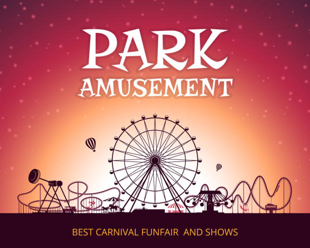 Color vector background of amusement park. Poster design with place for your text Color vector background of amusement park. Poster design with place for your text. Park carnival circus, funfair poster, amusement park banner illustration big wheel stock illustrations