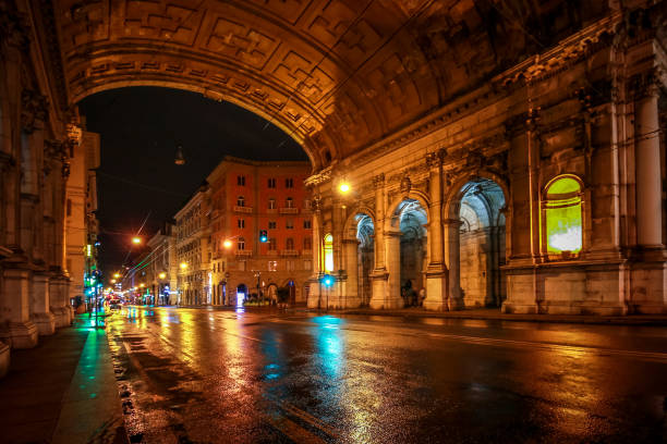 Night view of Izmir Basmane train station building, long exposure