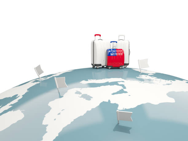 istock Luggage with flag of samoa. Three bags on top of globe 686947968