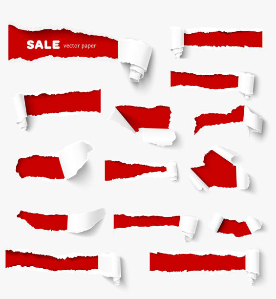 Big collection of torn paper Set of holes in white paper with torn sides over red paper background with space for text. Realistic vector torn paper with ripped edges. Design elements for advertising and sale promotion. cut or torn paper stock illustrations
