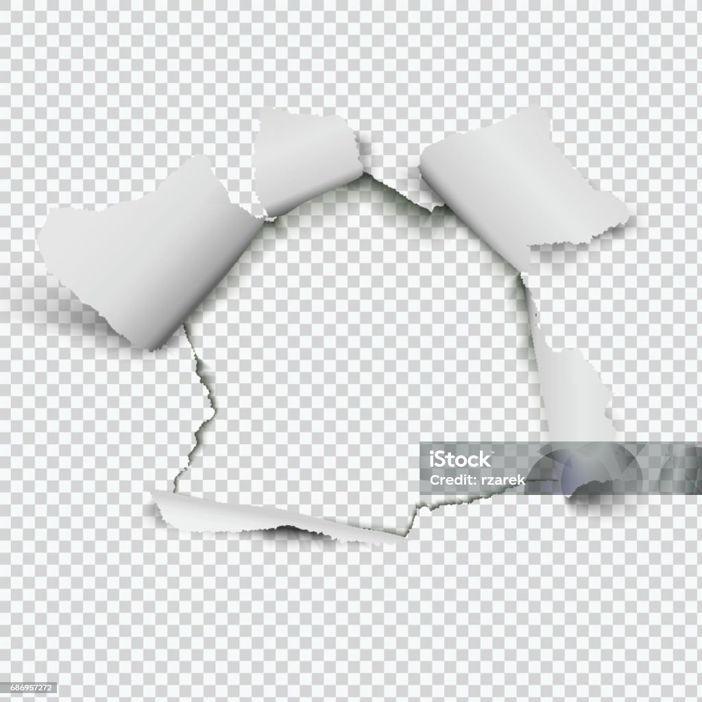 Realistic hole in paper on transparent background. Torn stock vector