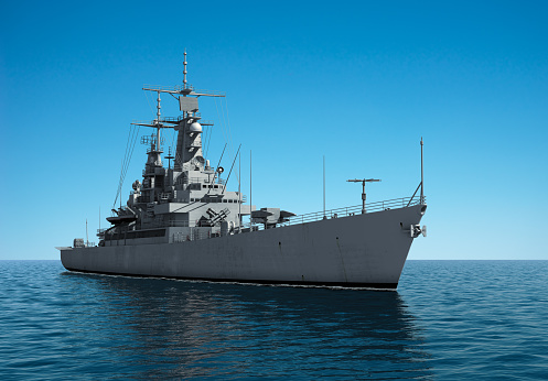 American Modern Warship In The High Seas. 3D Illustration.