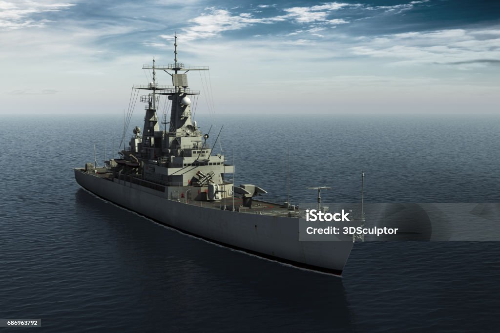 Modern Warship In High Seas Modern Warship In High Seas. 3D Illustration. US Navy Stock Photo
