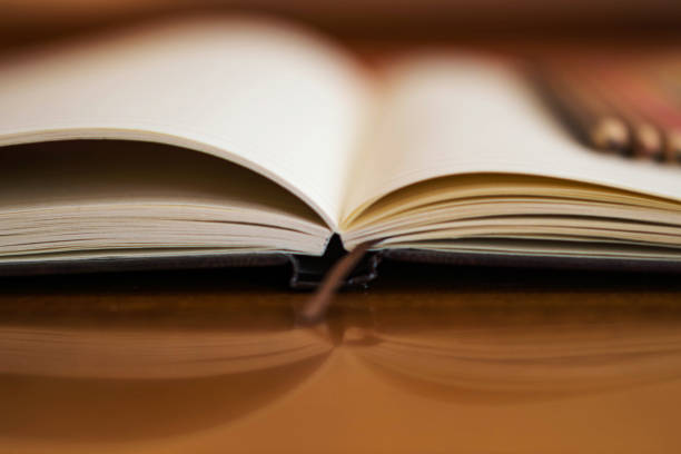 istock Closeup of a opened notebook with pencils on defocus and reflection on the workbencg 686964972