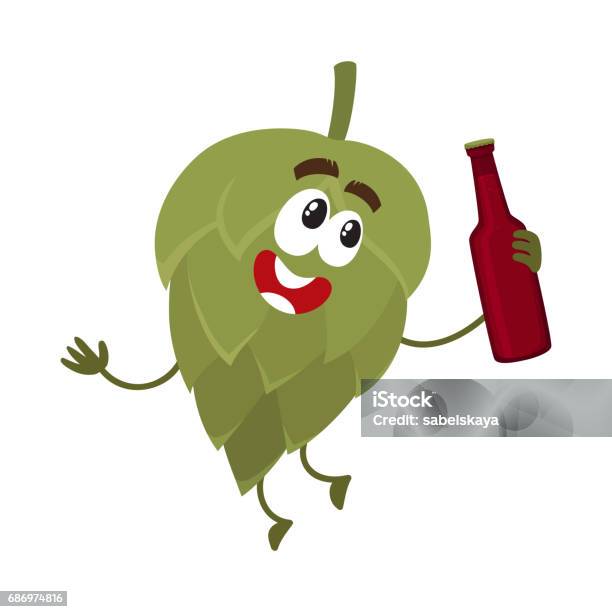 Drôle Souriante Hop Caractère Holding Bière Brune Bouteille De Bière Vecteurs libres de droits et plus d'images vectorielles de Alcool