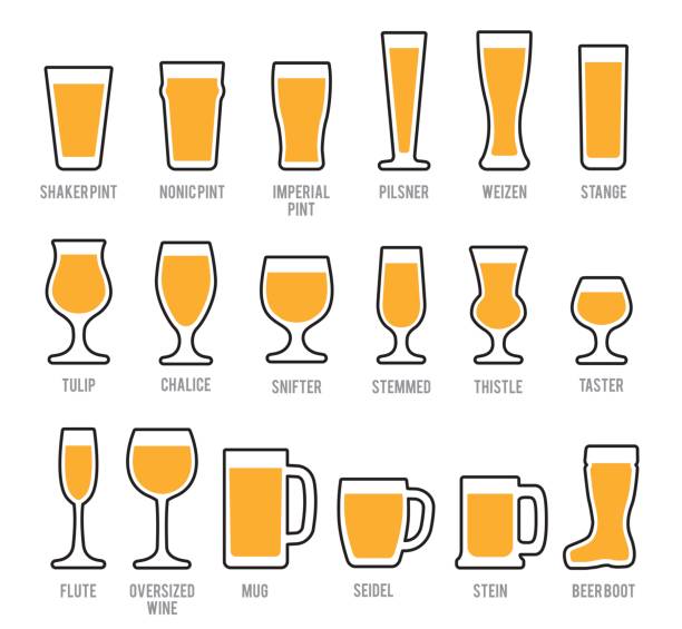 ilustraciones, imágenes clip art, dibujos animados e iconos de stock de gafas conjunto de iconos de cerveza - pint glass