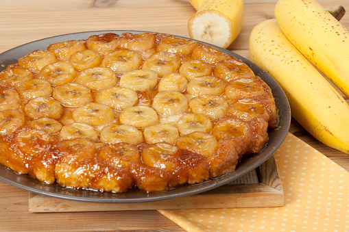 Traditional Homemade Banana Caramel Pie. French Tart Tatin