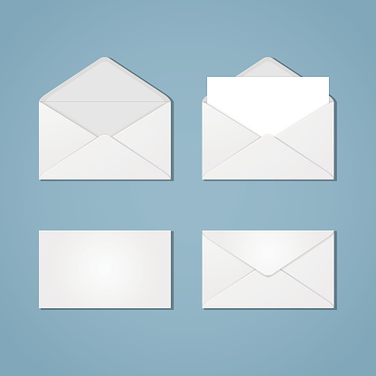 A set of white open and closed envelopes from the front and back, with paper inside and without. Mail, letter, correspondence, quick instant message. Blank invelopes.