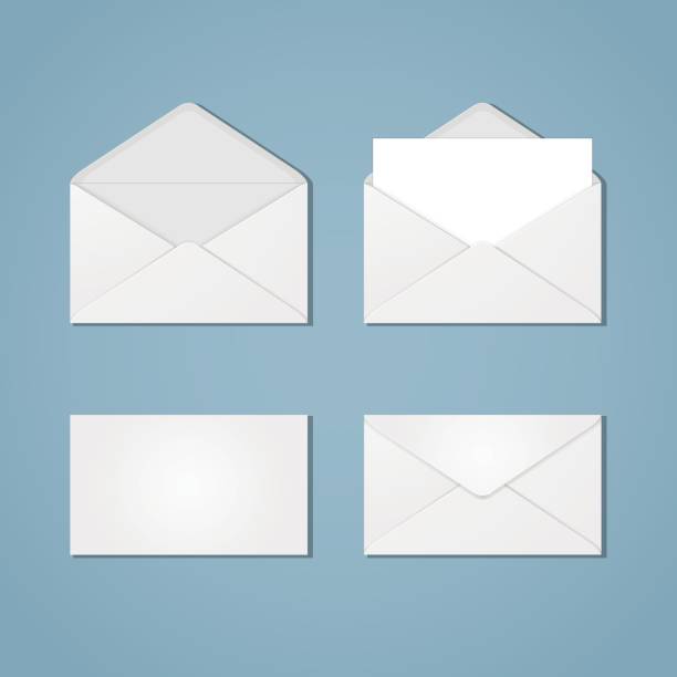 Set of envelope forms A set of white open and closed envelopes from the front and back, with paper inside and without. Mail, letter, correspondence, quick instant message. Blank invelopes. open letter icon stock illustrations