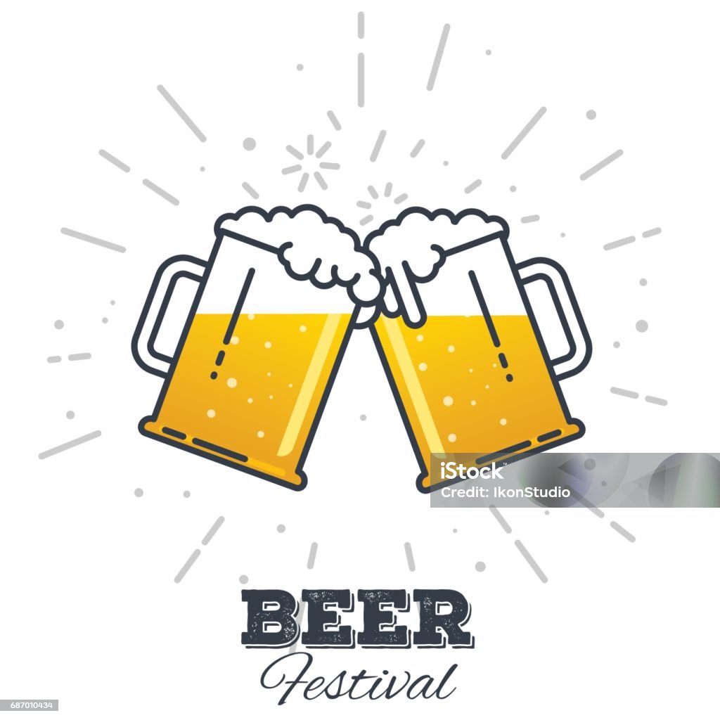 Beer festival icon Two gig glasses with fresh yellow live beer and white foam, and bubbles. Line style flat vector illustration. Beer festival concept. Lager sort. Clinking beer glasses. Beer - Alcohol stock vector