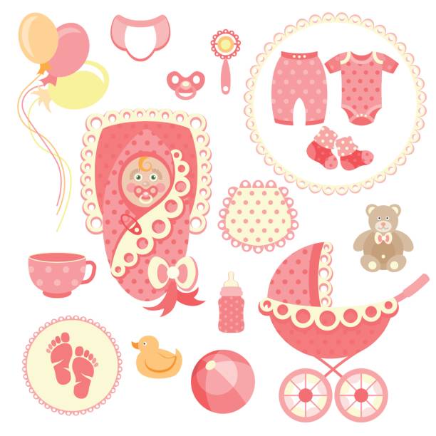 Baby Girl Set Newborn baby girl clip art with cute icons. collection babyproof stock illustrations