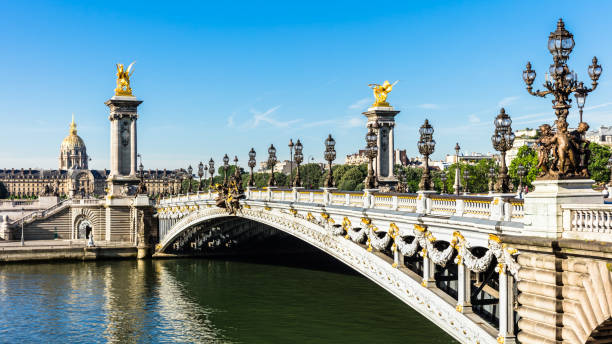 ponte pont alexandre iii con hotel des invalides. parigi, francia - paris france panoramic seine river bridge foto e immagini stock