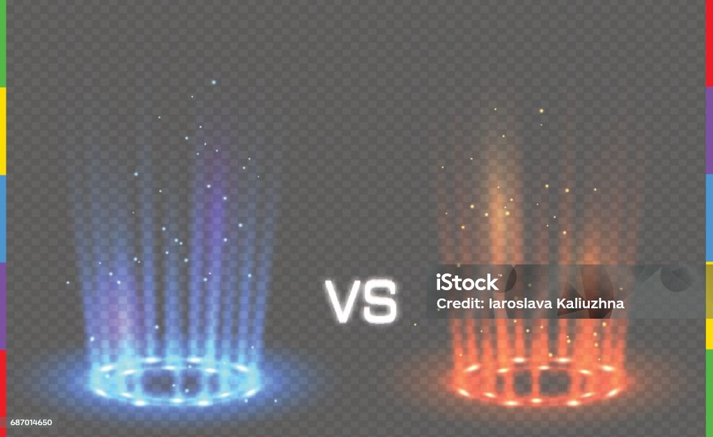 Versus round blue and red glow rays night scene with sparks on transparent background. Light effect podium. Disco club dance floor. Beam stage. Magic fantasy portal. Futuristic hot and cold teleport VS transparent effect Hologram stock vector