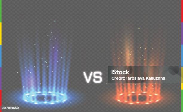 Versus Round Blue And Red Glow Rays Night Scene With Sparks On Transparent Background Light Effect Podium Disco Club Dance Floor Beam Stage Magic Fantasy Portal Futuristic Hot And Cold Teleport Stock Illustration - Download Image Now