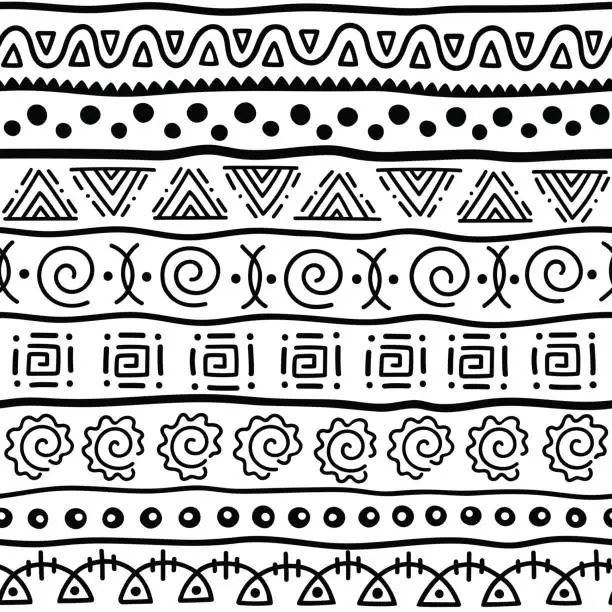 Vector illustration of Seamless pattern in ethnic style. Ornamental element African theme. Set of seamless vintage decorative tribal border. Traditional African pattern background with tribal elements form.