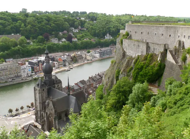 Church of Our Lady and the Meuse River as seen from the Citadel of Dinant, Wallonia Region, Belgium