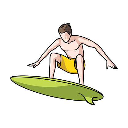 Surfer in action icon in cartoon design isolated on white background. Surfing symbol stock vector illustration.