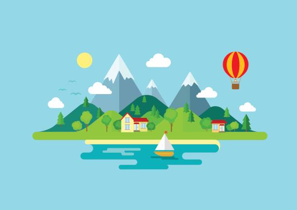 Travel mountains island landscape and sailing color flat vector icon nature weather concept template. Stylish trendy outdoor tourism rest vacation boat yacht balloon hiking. Flat landscapes collection Travel mountains island landscape and sailing color flat vector icon nature weather concept template. Stylish trendy outdoor tourism rest vacation boat yacht balloon hiking. Flat landscapes collection island illustrations stock illustrations