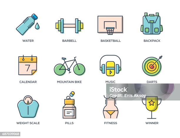 Ilustración de Conjunto De Iconos De Línea Fitness y más Vectores Libres de Derechos de Agua - Agua, Baloncesto, Barra para pesas