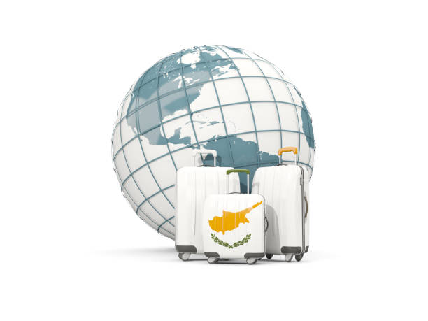 ilustrações de stock, clip art, desenhos animados e ícones de luggage with flag of cyprus. three bags in front of globe - suitcase flag national flag isolated on white