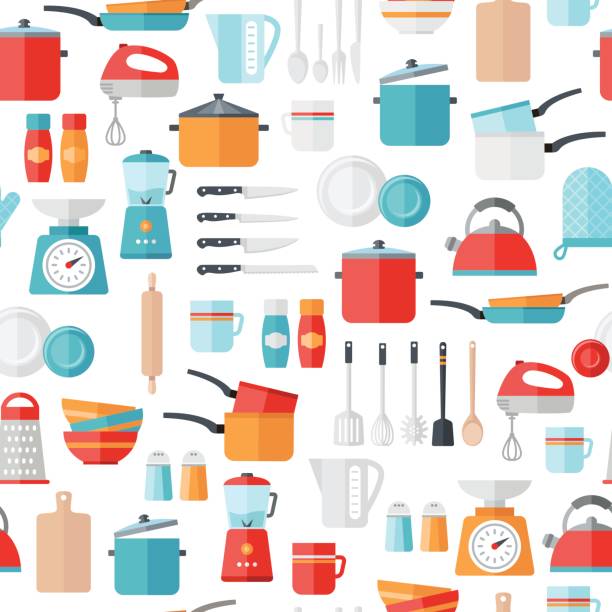Kitchen Icons Seamless Pattern Kitchen icons seamless pattern. Can be used to illustrate any topic about cooking, food, meal preparation. cooking utensil stock illustrations