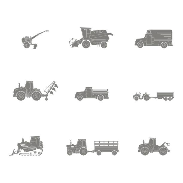 ikony ustawione z maszynami rolniczymi - isometric combine harvester tractor farm stock illustrations