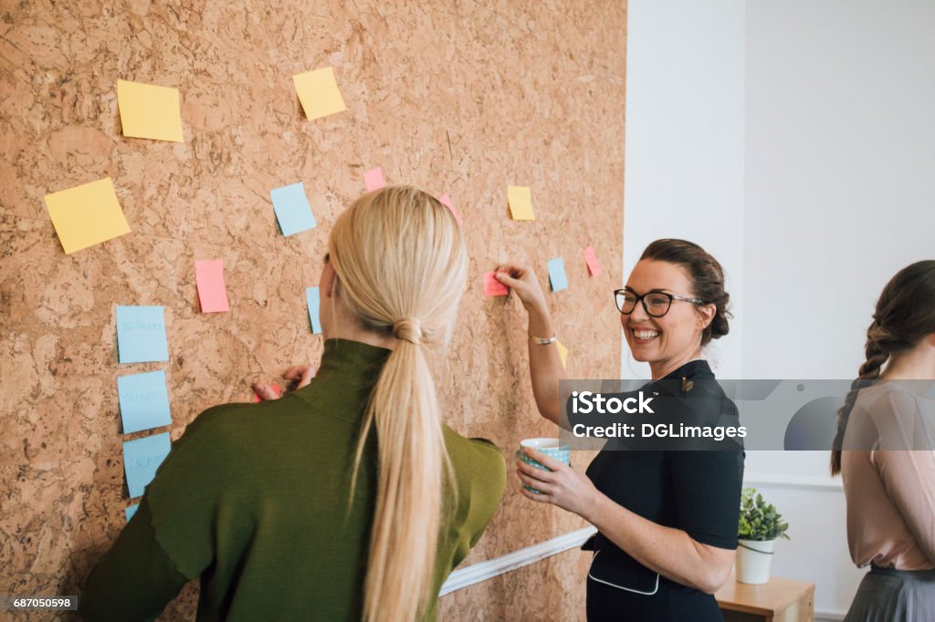 Women Making Business Notes Two women are at work in an office. They are standing at a cork board and are having a discussion as they pin things up. Human Resources Stock Photo