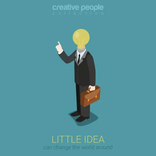 Vector illustration of Little idea can light up and change the whole world flat 3d web isometric infographic business concept vector. Businessman light bulb instead of head points to emptiness. Creative people collection.