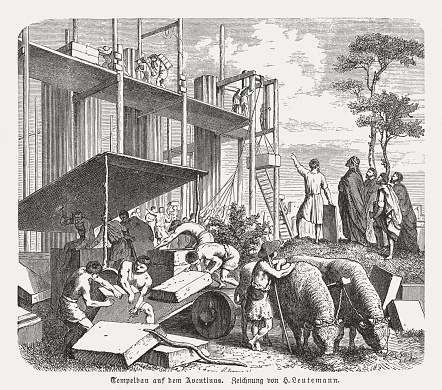 Temple construction on the Aventine in Ancient Rome. Wood engraving after a drawing by Heinrich Leutemann (German painter, 1824 - 1905), published in 1880.