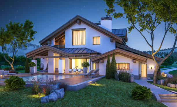 istock 3d rendering of modern cozy house in chalet style 687073334