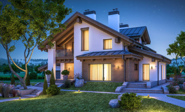 istock 3d rendering of modern cozy house in chalet style 687073368