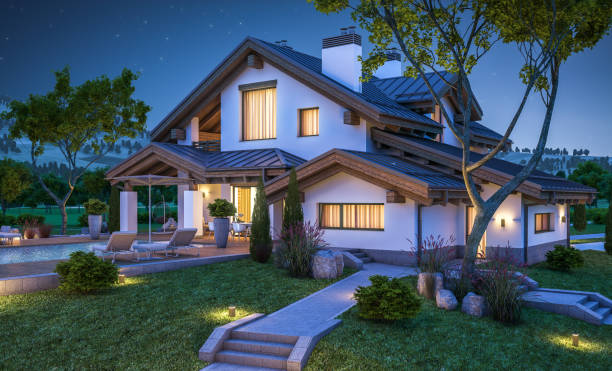 istock 3d rendering of modern cozy house in chalet style 687073392