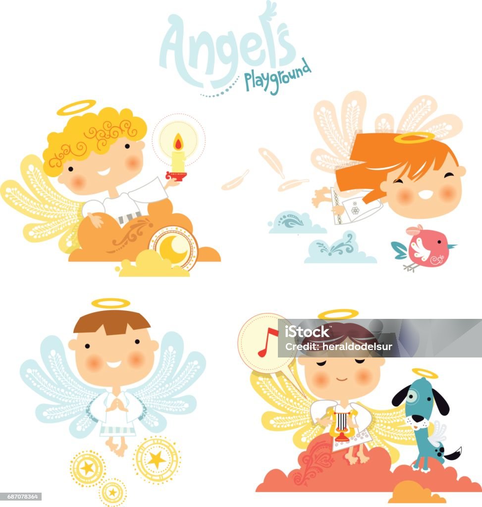 Angel's playground Little and cute angels playing and praying Baptism stock vector