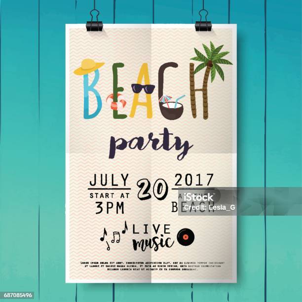 Beach Party Poster With Palm Leaf And Lettering On Wood Texture Background Stock Illustration - Download Image Now