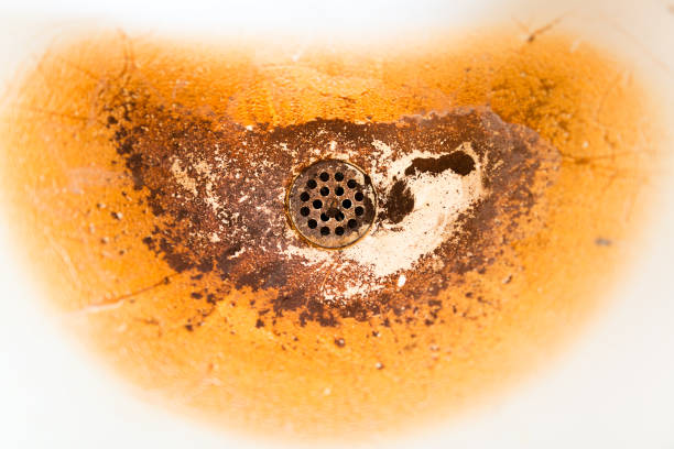 old dirty sink with brown stain - sink domestic kitchen kitchen sink faucet imagens e fotografias de stock