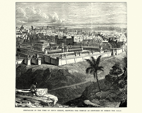Vintage engraving of a scene from ancient history. Ancient Jerusalem, showing the Temple restored by Herod the Great