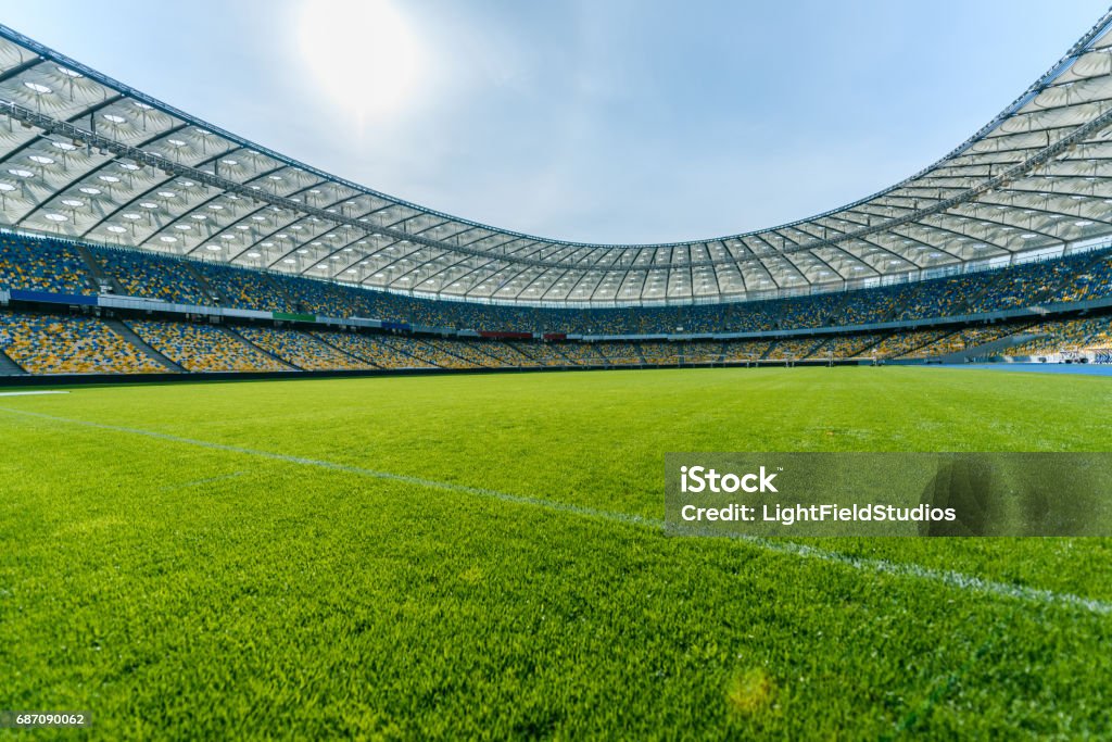 Panoramic view of soccer field stadium and stadium seats Stadium Stock Photo