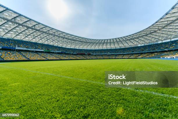 Panoramic View Of Soccer Field Stadium And Stadium Seats Stock Photo - Download Image Now