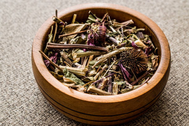сушеный корень эхинацеи пурпуреа в деревянной миске. - lavender lavender coloured flower homeopathic medicine стоковые фото и изображения