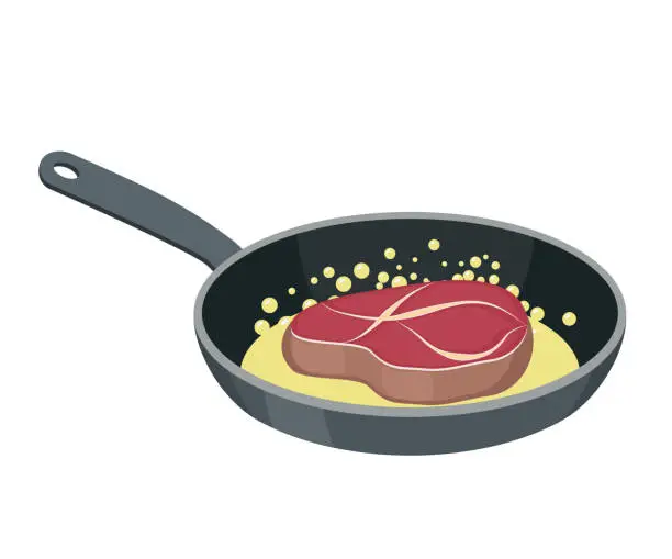 Vector illustration of Steak frying pan. beefsteak griddle. Fried piece of meat. Fresh juicy pork in oil