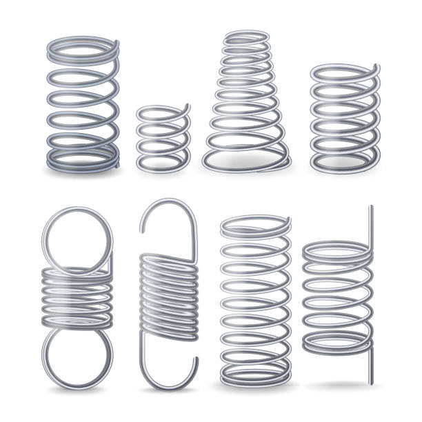 illustrazioni stock, clip art, cartoni animati e icone di tendenza di filo flessibile a spirale. molle di compressione, tensione e torsione. impostare parti metalliche resilienti. diversi tipi di elementi a spirale flessibili - springs spiral flexibility metal