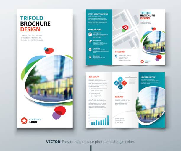 Business tri fold brochure design. Teal, orange corporate business template for tri fold flyer. Layout with modern square photo and abstract background. Creative concept 3 folded flyer or brochure. Business tri fold brochure design. Blue orange corporate business template for tri fold flyer. Layout with modern square photo and abstract background. Creative concept folded flyer or brochure. bank financial building drawings stock illustrations